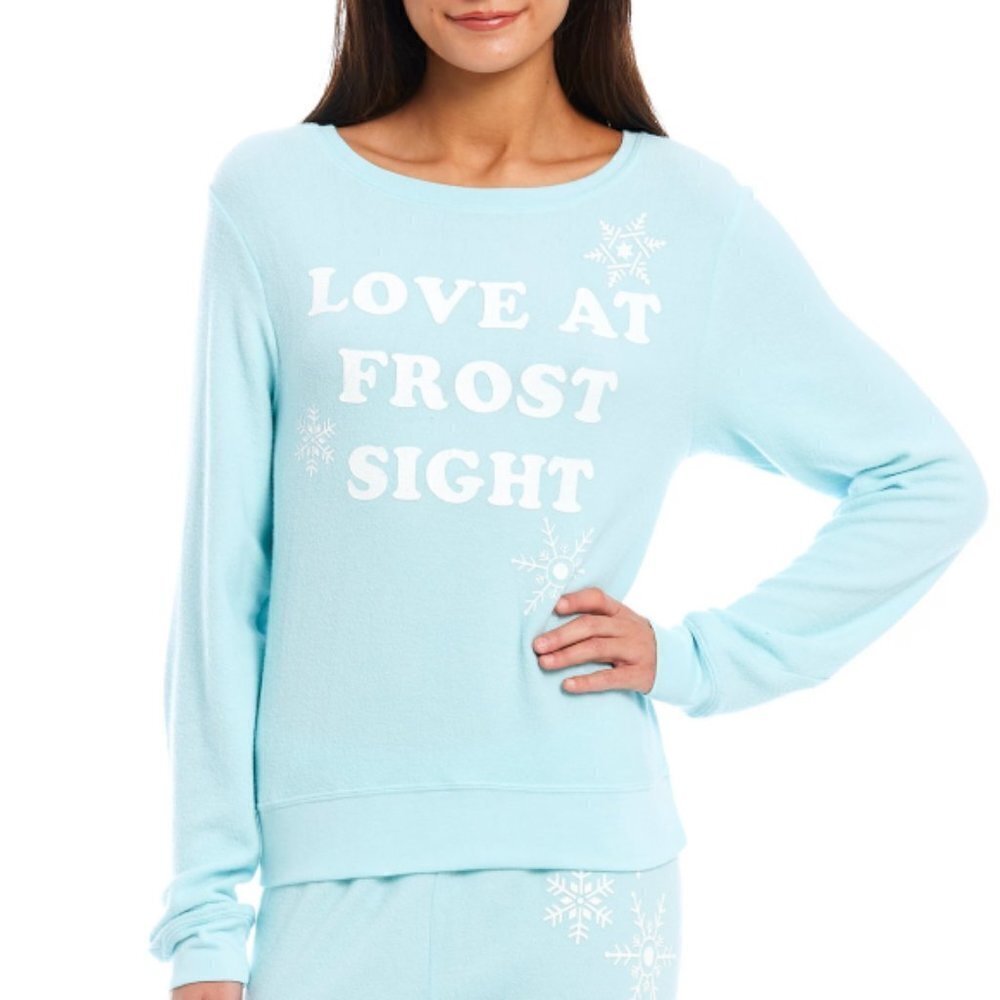 Wildfox "LOVE AT FROST SIGHT" Fleece Holiday Pullover, Plume Blue